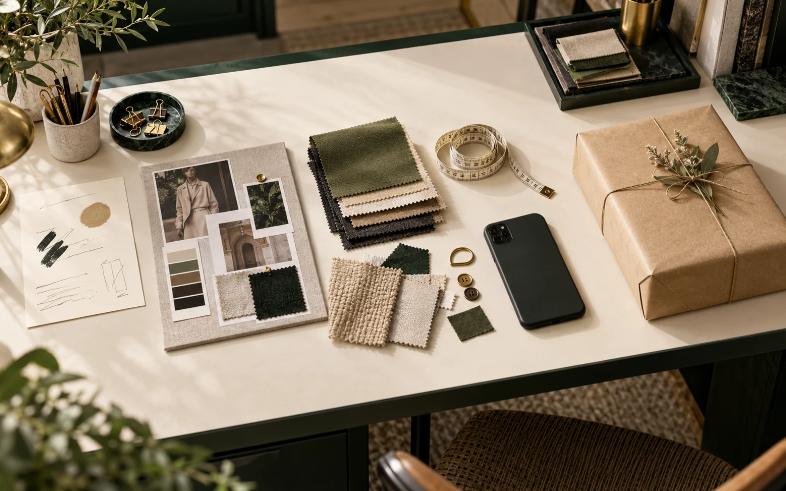 Sourcing workspace arranged from client brief and product research to a prepared parcel